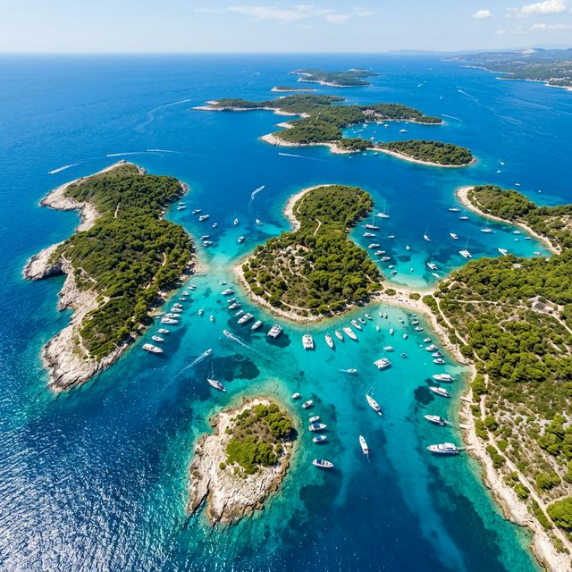 Aerial view of Pakleni Islands archipelago showing turquoise water and islands